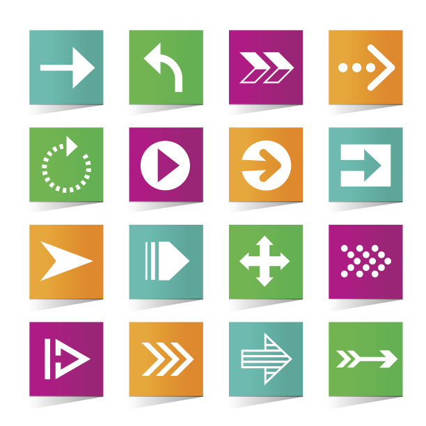 通用箭头图标上的方形彩色按钮。图片下载