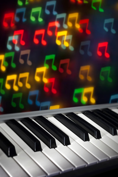 钢琴键盘与散录音符图片下载