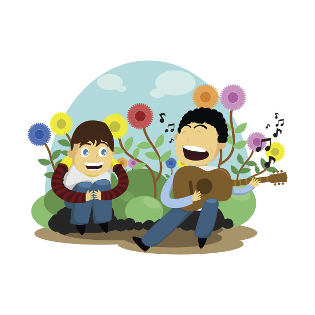 两个孩子在公园里弹吉他图片下载