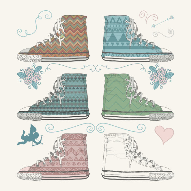 各种各样的草图运动鞋。矢量图图片下载
