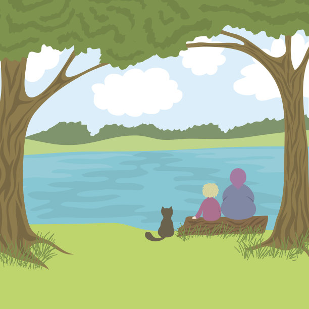 美丽的风景和奶奶，孙子和猫坐在原木上图片下载