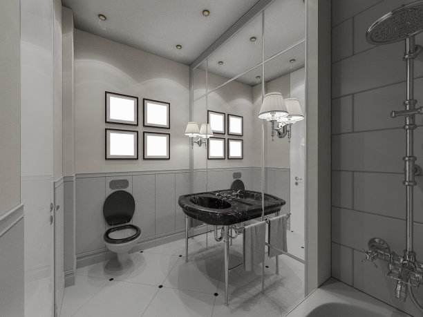 经典风格浴室设计的3D插图素材图片