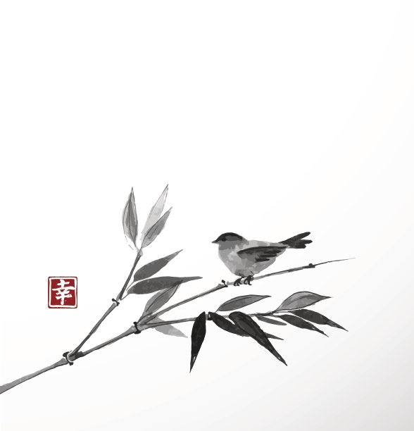 白底竹鸟卡片素材图片