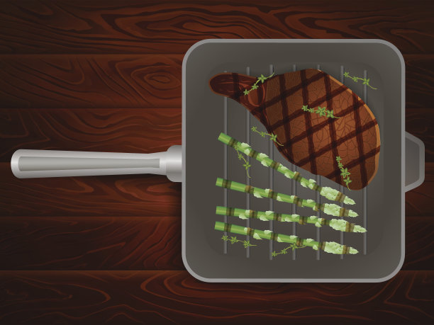 烤盘上的肉，牛排，百里香，蔬菜，木头图片下载