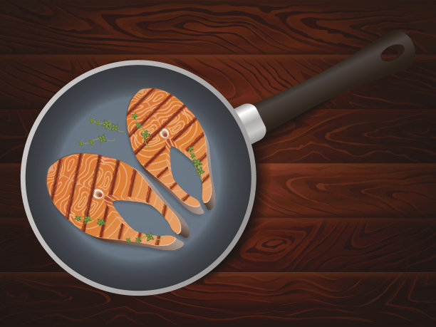 煎锅鲑鱼排百里香木桌图片下载