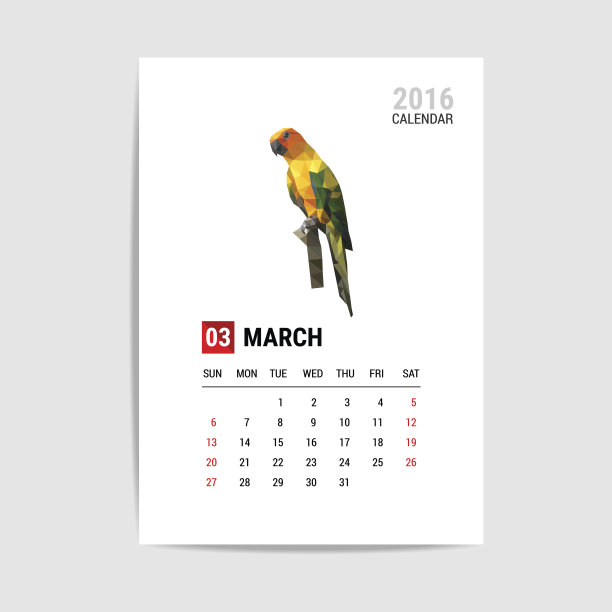 2016年3月日历，鹦鹉多边形矢量图片下载