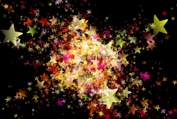 许多彩色的飞行星星在黑色的背景图片下载