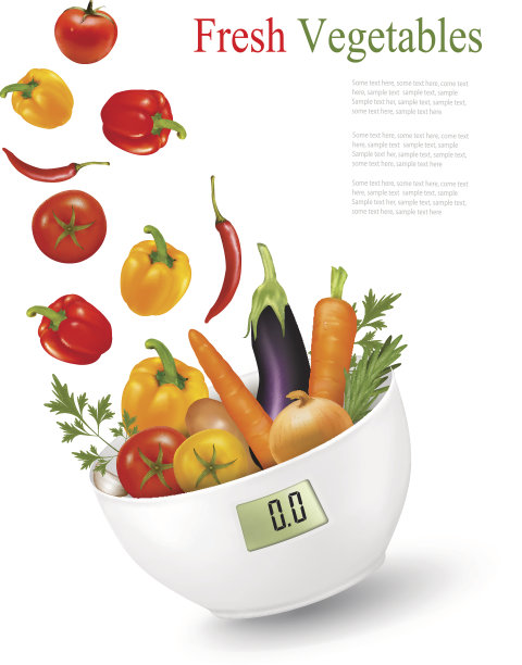 新鲜蔬菜在一个重量秤。饮食的概念。向量。图片下载