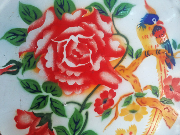 近距离在旧盘子上画花鸟图片下载