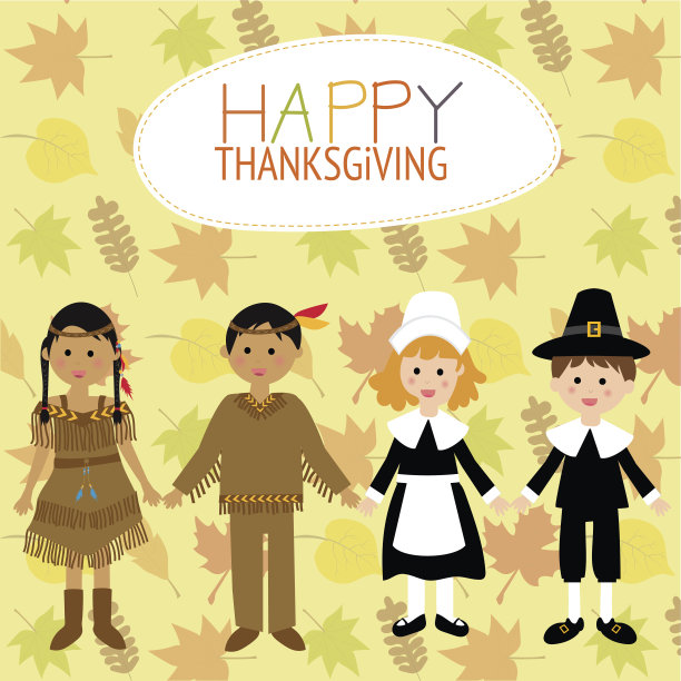 感恩节快乐与朝圣者和红印第安服装儿童图片下载