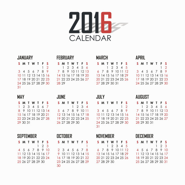 白色背景的2016年日历。图片下载