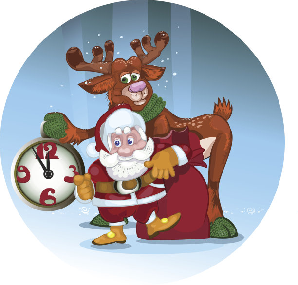 快乐的圣诞老人带着小鹿送礼物图片下载