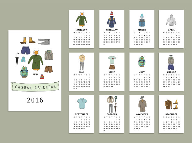 2016年休闲日历。矢量插图。孤立的图片下载