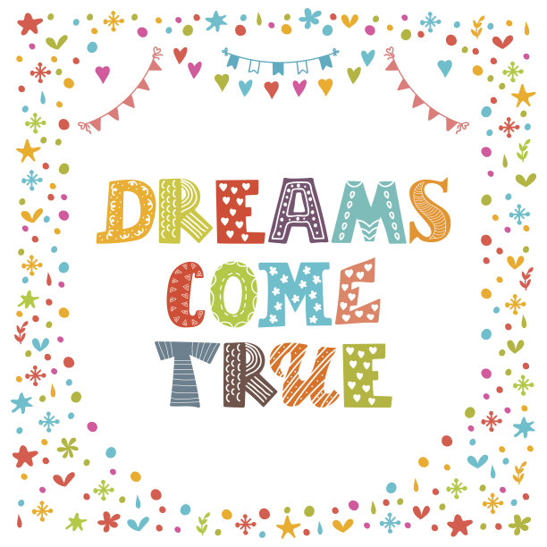 梦想成真。可爱的手绘明信片。模板图片下载