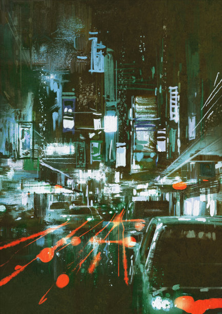 夜晚城市街道上的汽车尾灯素材图片