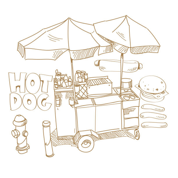 热狗站手绘，矢量插图图片下载