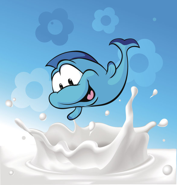 有趣的蓝色鱼溅在牛奶蓝色背景-向量图片下载