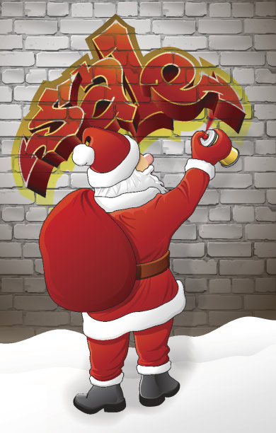 圣诞老人晚上在砖墙上画“销售”图片下载
