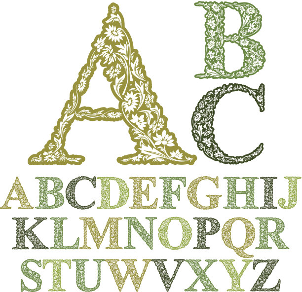 漂亮的花字母字体，矢量字母。图片下载