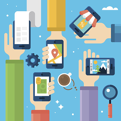 各种智能手机服务的平面图标设计图片下载