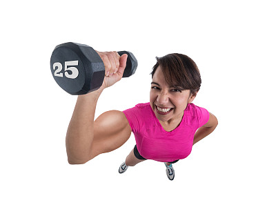 年轻女性在锻炼穿举哑铃和收缩肌肉图片下载