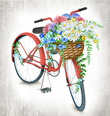 水彩红色自行车与美丽的花篮在复古的背景图片下载