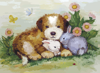 小狗和兔子的油画图片下载