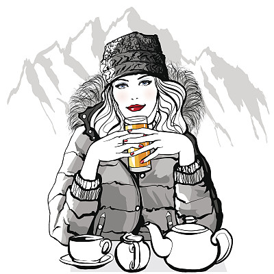 高山-年轻女子在滑雪前吃早餐图片下载