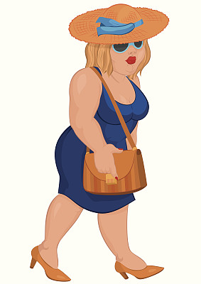 卡通超重年轻女子在蓝色连衣裙和草帽图片下载