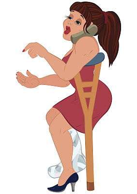 身穿绿色连衣裙的卡通女子在打电话时受伤图片下载