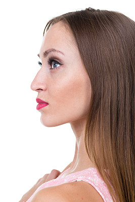 侧面肖像美丽的年轻女子，孤立的白色图片下载