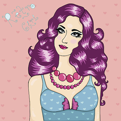 矢量手绘美丽迷人的复古女孩波普艺术风格图片下载