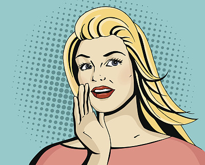 波普艺术金发女人微笑和说话。图片下载