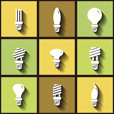 一套9个扁平节能灯图标图片下载