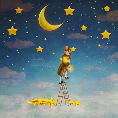 站在梯子上摘星星的人图片下载