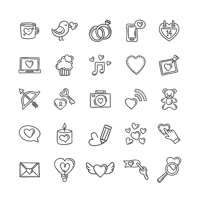 矢量涂鸦喜欢图标和符号。心,戒指,礼物图片下载