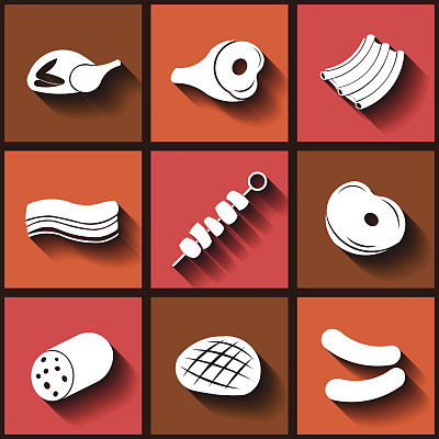 一组9个平面图标与肉块图片下载