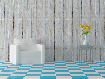 蓝色的瓷砖，白色的沙发，黄色的郁金香，复古的碗图片下载