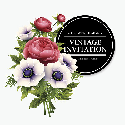 印有银莲花和牡丹的贺卡。矢量图图片下载