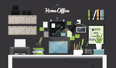 平面插图的黑暗家庭办公室工作空间内部图片下载