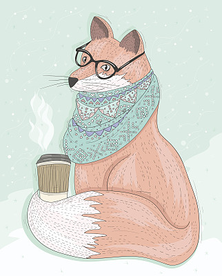 戴着眼镜喝着热咖啡的时髦小狐狸。图片下载