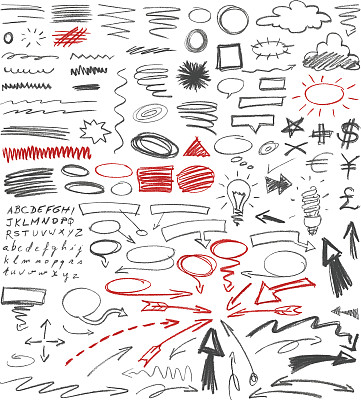 一套手绘图形标志。铅笔的技术。图片下载