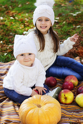 小男孩和妹妹在秋天的公园里图片下载