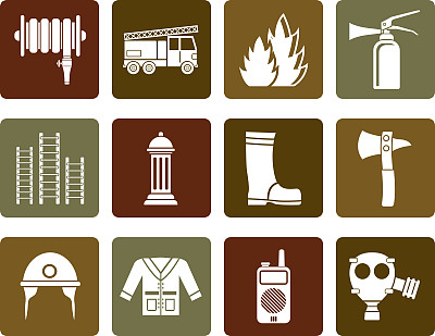 扁平消防队和消防设备图标素材图片