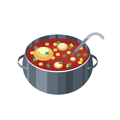 图标炖锅与汤孤立在一个白色的背景。图片下载
