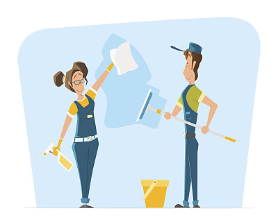 微笑男女清洁工擦拭大窗户矢量角色插画图片下载
