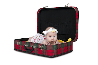 一个漂亮的小女孩躺在行李箱里图片下载