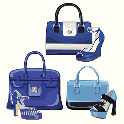 时尚的蓝色手袋和鞋子。三组图片下载