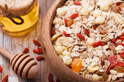 早餐是什锦麦片，有牛奶、蜂蜜和枸杞图片下载