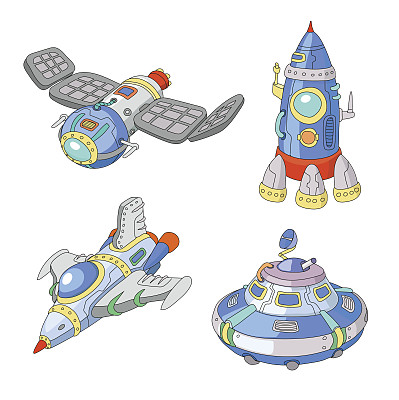 飞船和UFO矢量卡通，火箭，宇宙飞船图片下载